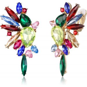 Kal-Boucles D'oreilles À Clip En Forme D'ailes En Cristal - Art Déco - Marquise Colorée - Gouttes De Mariée - Boucles D'oreilles À Clip Pour Femme - Ton Argenté Clair - Neuf