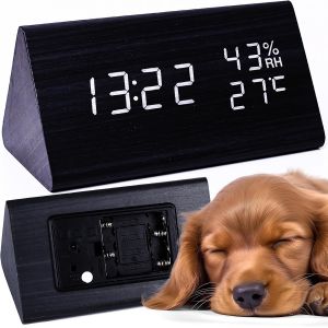 Retoo Réveil Numérique en Bois, Horloge Digital, Réveil Électronique avec 3 Réglages d'Alarme, Affichage LED, Affichage de la Température, Hygromètre, pour Table de Chevet, Bureau, Chambre, Brun - Neuf