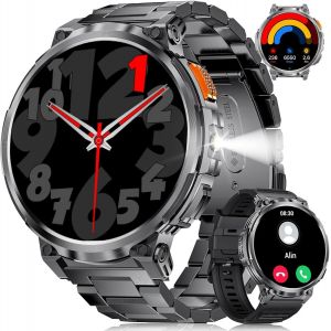 1.85"" Ips Très Grand Montre Connectée Homme Avec Led Lampe Torche, Militaire Smart Watch Pour Android Ios, Etanche Ip68, 24h Fréquence Cardiaque, 730mah, 110+ Sportmodi, Bracelet En Métal - Neuf