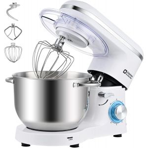 Robot Pâtissier 1400W, Bol 6,2L En Acier Inoxydable, 6 Vitesses, Fouet, Crochet Et Batteur Inclus, Idéal Pour Pâtisserie Et Boulangerie (Blanc) - Neuf