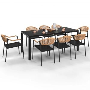 Salon De Jardin Madeira Table 190 Cm Et 8 Chaises Cordage Et Textil&egrave;ne Noir Et Rotin Clair - Neuf