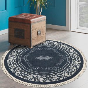 Kal-Petit Tapis Rond Traditionnel Vert - Lavable En Machine - Tapis Rond Bohème Avec Pompons Antidérapants Pour Cuisine, Chambre À Coucher, Salon, Entrée - 295060 - Neuf