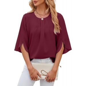 Utigh-Chemisier Pour Femmes Blouse À Manches 3/4 Élégante Chemise Mode Couleur Unie Mousseline Col Rond Tops Été - Neuf