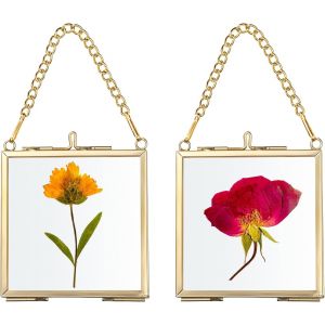 Lot De 2 Mini Cadres Photo Carr&eacute;s En M&eacute;tal Et Verre &Agrave; Suspendre - Ornement G&eacute;om&eacute;trique - Plante - Clip En Verre - Pour Fleurs Press&eacute;es - 7 X 7 Cm - Dor&eacute; - Cadre Uniquement - Neuf