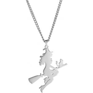 Kal-Collier Pendentif Sorcière Magique Balai De Chat Sorcière Volante Lune Croissant Balai Choker Sorcellerie Charme Halloween Amulette Bijoux Cadeaux Filles - Neuf