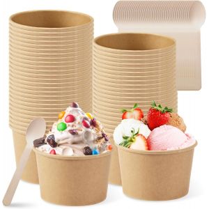 Checarzhn--No1-Gobelets A Glace En Papier,Lot De 50 240 Ml Gobelets Ronds Compostables En Carton Avec 50 Cuillères En Bois,Durables Universelles Carton Glace,Carton Ecologique Universel Pour Coupes G - Neuf