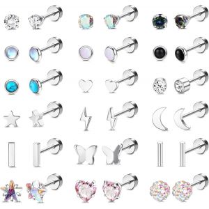Kal-18 Paires Petite Boucles D'oreilles Femme Acier Inoxydable Hypoallerg&eacute;nique Boucle D'oreille Argent Multiples G&eacute;om&eacute;triques Boule Opale Etoile Lune Coeur Perle Fleur Cz Piercing Oreille - Neuf