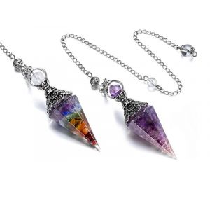 Lot De 2 Pendentifs Chakra En R&eacute;sine Violette - Pendule De Radiesth&eacute;sie Hexagonal Avec Cha&icirc;ne - Neuf