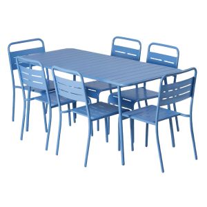 Bergame - Ensemble Table De Jardin 160 Cm Et 6 Chaises Bleu - Neuf