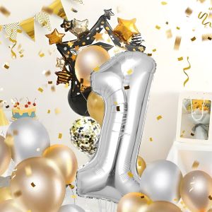 Ballon Chiffre Anniversaire 1,Ballon Numéro 1 Sliver,40""-101cm Géante Hélium Ballons Gonflables XXL,Ballon numéro Décoration d'anniversaire S'envole avec de l'hélium - Neuf