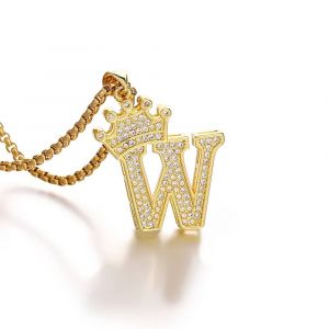 26 Lettres A-Z Zircon Couronne Initiale Alphabet Pendentif Collier Pour Femmes Hommes De Luxe Plaqu&eacute; Or Cuivre Colliers Bijoux Cadeaux--W - Neuf