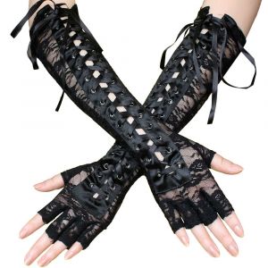 Gants Longs En Maille Trou&eacute;e Avec Dentelle Noire Violette Et Blanche, Gants Sans Doigts &Agrave; Manchette &Eacute;l&eacute;gante Pour Soir&eacute;e Et &Eacute;v&eacute;nement, 39x10 Cm, 70 G - Neuf