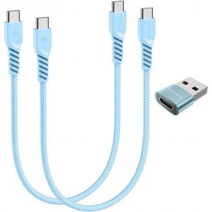 THEF-Câble USB C vers USB C 60 W (Lot de 3) 30cm+30cm+adaptateur, Câble tressé de Type C vers C Charge Rapide Compatible avec iPhone 15, iPad Pro, MacBook, Samsung S24/S23/A14/A15/A25/A55, etc. - Neuf