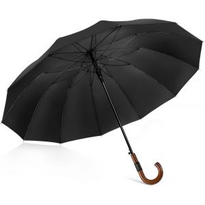 Parapluie Canne 12 Côtes,120cm Grand Parapluies Manche Bois,XXL Ombrelle Solide Tempete Résistant 2 Personnes,Umbrella Golf Automatique Homme Femme - Neuf