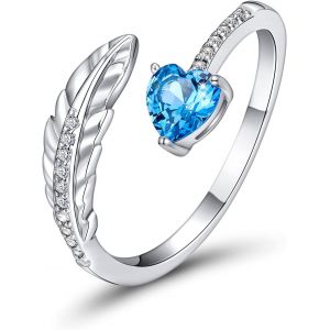 Bague De Femme Avec Plume Et Pierre De Naissance, Bague De Fiançailles Reglable En Argent Sterling 925 Pour Femme Et Fille Bague Cadeau Taille 6-12 - Neuf