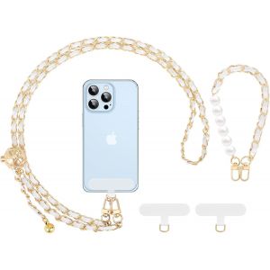 KAL-Phone Lanyard Crossbody, Dragonne Réglable En Métal Pour Téléphone Portable, Dragonne Universelle Pour Iphone, Samsung, Dragonne Pour Le Cou,Dragonne Pour Le Poignet × 1, Les Patches × 2, Blan - Neuf