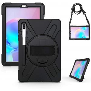 ERYI-Coque Pour Samsung Tab S6 10.5"" 2019, Étui Robuste Sm-T860 / Sm-T865, Housse De Protection, Béquille Rotative/Bandoulière De Main/Bandoulière, Cover Pour Samsung Galaxy Tab S6 10.5, Noir - Neuf