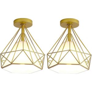Kal-Plafonnier Rétro Cage Forme Diamant 25cm, Style Industriel Vintage En Métal Fer, Luminaire Ampoules E27 Pour Salon Chambre Restaurent Couloir Café Bar (2pcs Doré) - Neuf