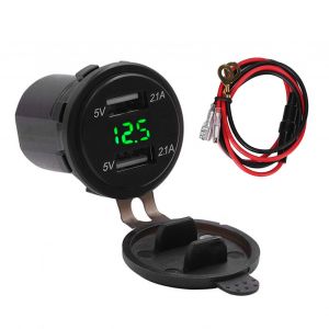 Chargeur De Voiture Double Port Usb 5 V/1 A 5 V/2,1 A, Affichage De La Tension, Voltmetre Numerique, Etanche Ip66, Vert, Dc12-24 V - Neuf