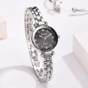 Montre A Quartz Lvpai Pour Femme, Style Retro, Cadran A Chiffres Romains, Bracelet En Alliage (Argent Noir) - Neuf