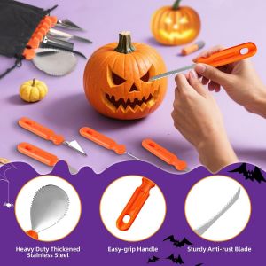 Cauc-Halloween Kit Sculpture Citrouille, 7pcs Kit Citrouille Halloween, Outils De Sculpture De Citrouille Diy Robust En Acier Inoxydable Avec 10 Pochoirs Pour Halloween Decoration - Neuf