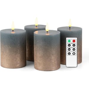 SJZG-Lot De 4 Bougies Led Piliers Sans Flamme Avec Minuterie, Bougies À Piles Pour Couronne De Noël Avec Télécommande Et Piles Incluses H 10Cm - Bleu Brumeux Et Cuivre - Neuf
