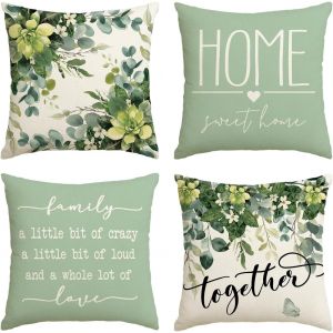 CAUC-Home Sweet Home - Lot de 4 housses de coussin d'&eacute;t&eacute; - Motif fleurs d'eucalyptus - 45 x 45 cm - D&eacute;coration pour canap&eacute; - Neuf