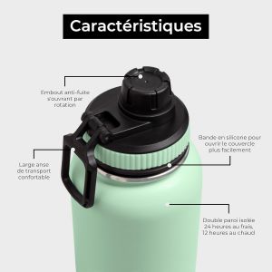 Gourde Isotherme En Acier Inoxydable 1l, Sans Bpa, Isolation Sous Vide | Gourde Inox Avec Couvercle Anti Germe, Bouteille D'eau 1 Litre Pour Bureau, Sport, Voiture, Randonn&eacute;e, Salle De Gym (Vert) - Neuf