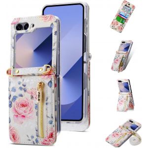 KAL-Esong Cover A Portafoglio Per Samsung Galaxy Z Flip 6 Con Cinturino,Custodia Floreale Antiurto Protezione Con Slot Per Schede/Cordino/Stand,Caso In Pelle Premium Pu Protettiva Case Per Donna-Bian - Neuf