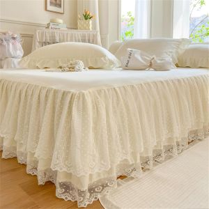 Ulteronixshop-Couleur Unie Cache-Sommiers Jupe de Lit, D&eacute;sign de Bord en Dentelle Blanche Cache Sommier Jupe de Lit a Volant Draps Housses &Eacute;lastique Drap Housse pour Matelas Epais (Blanc cr&egrave;me,150x20 - Neuf