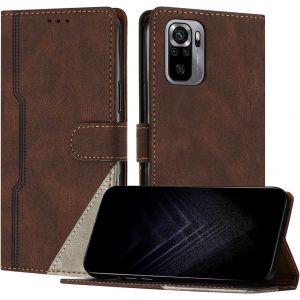 KAL-&Eacute;tui Pour Xiaomi Redmi Note 10 4G/ Note 10S, Housse En Cuir Pu Avec [Protection Antichoc Tpu] [Fonction Support] [Porte-Cartes ] Antichoc Magn&eacute;tique Coque Pour Redmi Note 10 4G - Marron - Neuf