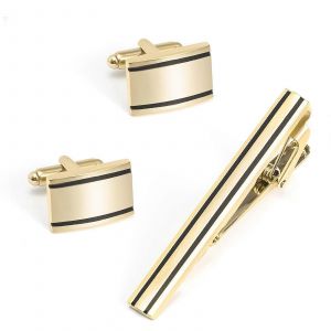 Boutons De Manchette Et Pince &iquest;&iquest; Cravate, Finition Bross&iquest;&iquest;E &iquest;&iquest; Rayures Dor&iquest;&iquest;Es, Taille Unique, Accessoires De C&iquest;&iquest;R&iquest;&iquest;Monie Pour Homme - Neuf