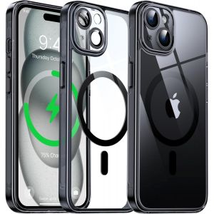 THEF-Coque Magnétique Transparente pour iPhone 15 Plus (6.7'') avec Objectif Film, [Compatible avec MagSafe] [Protection Antijaune & Antirayure & Antichoc] Etui Housse Dur avec Silicone Bord, Noir - Neuf