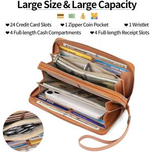 CAUC-Portefeuille Femme Grand, Porte Feuille Feminin Cuir V&eacute;g&eacute;talien Double Fermeture &agrave; Glissi&egrave;re, RFID Porte chequier, avec Multiples Poches Portefeuilles et Porte-Cartes Idee Cadeau Femmes - Neuf