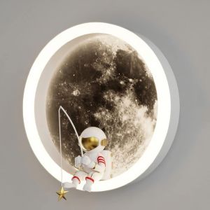 Led Enfants Lune Applique Murale,Astronaute Décoration Chambre D'enfants Décoration Tête De Lit Applique Murale,3000k 12w Ronde Chambre D'enfants Applique Murale (A Black) - Neuf