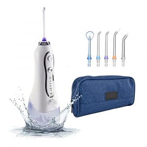 Un Portable Rechargeable Oral Irrigateur Irrigateur Pour Le Voyage De L'eau De Nettoyage De 5 Modes De Pression Et Des Fonctionnalités Puissantes Professionnel Pulvérisateur 5 Buses De 300 Ml (Blanc) - Neuf