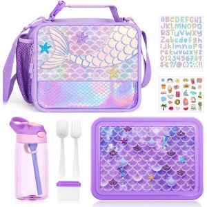 3pcs Lunch Box Enfant Set,Sac À Lunch Isolation Enfants, Bento Box Avec Compartiments Et Des Couverts, Bouteille D'eau,Sans Bpa Boîte À Repas Pour Fille/Bambin Préscolaire Et Maternelle (La Sirène) - Neuf