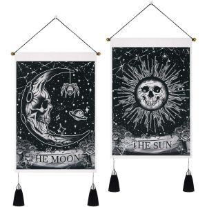 Lot de 2 petites tapisseries squelettes avec pompons, tenture murale gothique Halloween soleil et lune, tapisserie murale noir et blanc pour chambre esthétique, 35 x 50 cm - Neuf