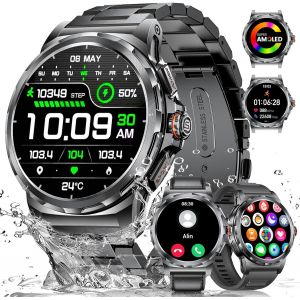 Montre Connectée Homme Militaire (3 Bracelets),1,43"" Hd Amoled Montre Sport,Smartwatch Noire Avec 120+ Modes Sportifs/Étanchéité Ip68/Fréquence Cardiaque/Compteur De Pas Pour Ios Et Android - Neuf