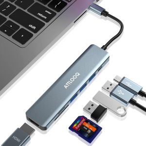 HUB USB, Adaptateur Hub USB C ATTLOQ 7 en 1, Adaptateur MacBook avec Sortie HDMI 4K, 1 x USB 3.0 et 2 x USB 2.0, 87 W PD, Lecteur De Carte SD/TF, pour MacBook, iPad Pro Et Autres Appareils De Type C - Neuf
