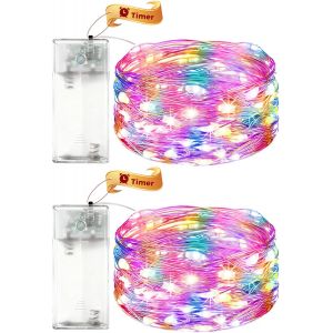 JGD-Lot de 2 guirlandes lumineuses LED &agrave; piles avec minuteur, 2 m, 20 LED, micro fil de cuivre, lumi&egrave;re pour l'int&eacute;rieur, guirlande lumineuse color&eacute;e avec minuterie - Neuf