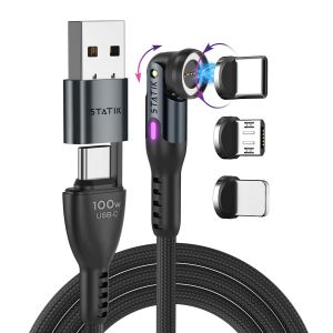 TZF-Chargeur de t&eacute;l&eacute;phone magn&eacute;tique 360 Pro 2&egrave;me g&eacute;n&eacute;ration | C&acirc;ble de charge USB C magn&eacute;tique | C&acirc;ble de charge magn&eacute;tique 3 en 1 | iProduct, Micro-USB, USB-A et USB C | Noir, 3 m - Neuf