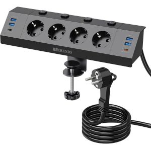 Multiprise de table avec USB, 4 prises, avec interrupteur individuel, multiprise avec 4 ports USB avec c&acirc;ble de 2 m, protection contre les surtensions, prise de courant pour la maison, le bureau, noir - Neuf