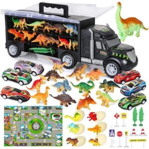 Camion Transporteur de Voitures avec Oeuf et Figurine Dinosaure, Tapis de Jeu, Mini Voiture de Course, Panneaux pour Enfants 37PCS - Neuf