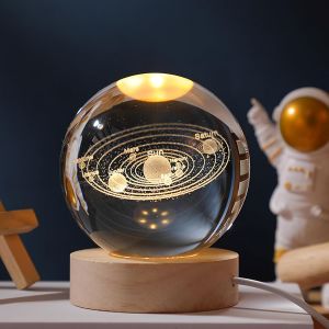 BNHGC-Veilleuse Boule de Cristal 3D, Planète 3D - Boule de Cristal de Scène de Nuit Astronomie, Lampe de Nuit Boule de Verre avec Socle en Bois, Décoration de Noël pour enfants(système solaire) - Neuf