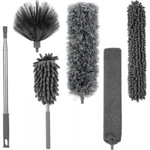 6 Pcs Plumeau Telescopique, Longueur t&eacute;lescopique jusqu'&agrave; 245 cm, Plumeau Poussiere Telescopique, Balai Toile d'Araign&eacute;e, T&ecirc;te de Loup Lavable, adapt&eacute; au Nettoyage des plafonds, Ventilateurs Plafond - Neuf