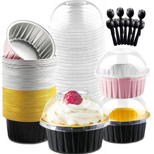 Jexnovashop-Lot De 60 Mini Moules À Gâteaux Avec Couvercles Et Cuillères 150ml Moules À Pâtisserie En Aluminium Ronds Petite Barquette Pour Pain Gâteaux Anniversaire Pique Nique La Cuisine - Neuf