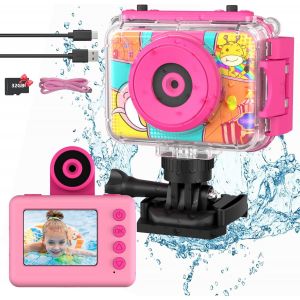 Appareil Photo Enfant Étanche, 1080P Caméra Vidéo d'action sous-Marine Enfant Appareil Photo Selfie Numérique avec Écran 2,0 Pouces Carte TF 32 Go, Cadeau pour Garçons et Filles 3-12 Ans,Rose - Neuf