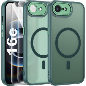Magn&eacute;tique Coque Pour Iphone 16E Avec 2 Verre Tremp&eacute;, Compatible Avec Magsafe, Protection D'Objectif Tout Compris, Etui Mat Arri&egrave;re Housse Fine Antichoc Case Iphone 16E 6.1"", Vert - Neuf