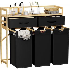 MEVRONISSHOP-Grand Panier &agrave; Linge &agrave; 3 Compartiments 150 L, Meuble Linge Sale avec 2 Tiroirs et 3 Sacs Amovibles, Corbeille Linge pour Buanderie, Salle de Bain, Noir - Neuf